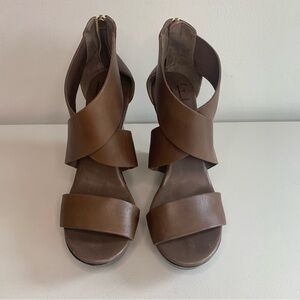 Stylish and versatile Diane von Furstenberg wedge sandals in rich brown leather